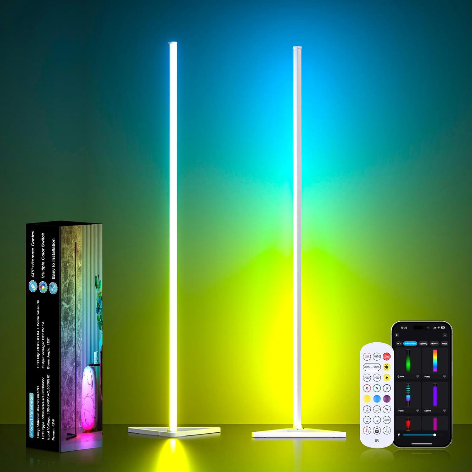 MIHEAL 2PCS Corner Floor Lamp, Synced Lights LED Control Floor Lamp RGB Light 56" Smart LED Corner Lamp App and Remote for Living Room Gaming Bedroom and Etc.