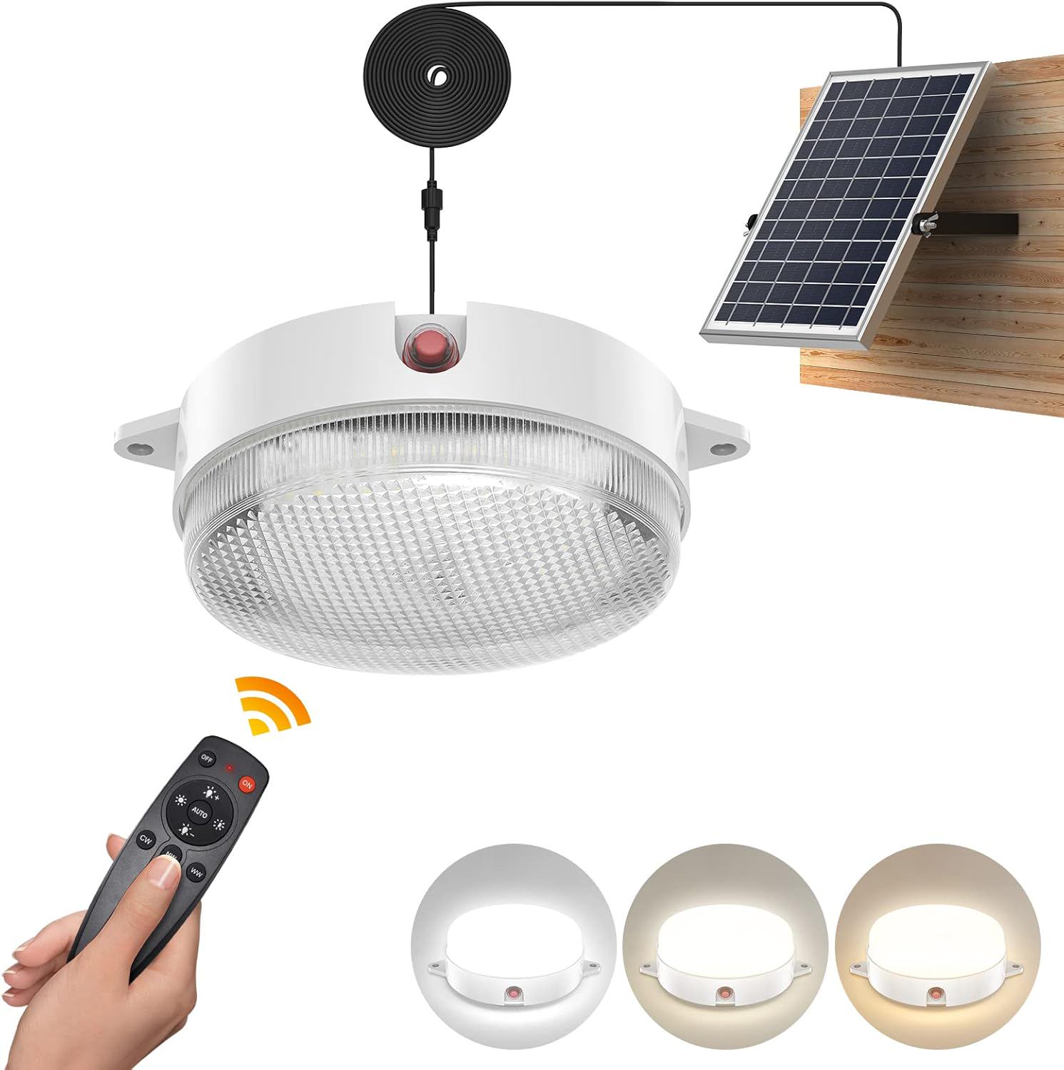 Solar Ceiling Light, Waterproof Dimmable 6000K/4000K/3200K Solar Shed Light with On Off Switch & Remote, Barn Lights Indoor & Outdoor for Home Garage Chicken Coop