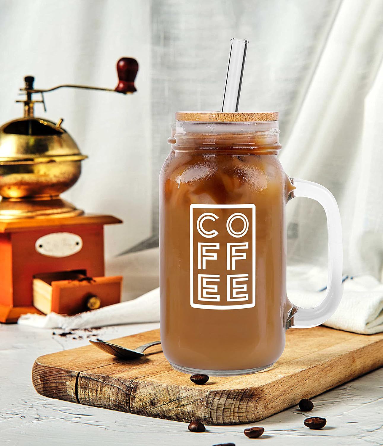 ANOTION Mason Jar Coffee Mugs with Handle, Iced Coffee Cup with Lid and Straw 24oz Regular Mason Jar with Handle Glass Coffee Drinking Glasses Tumbler Reusable Cups for Travel Office Home