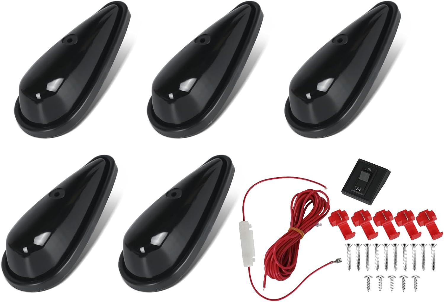 5Pcs Amber Teardrop Cab Marker Lights 9LED Smoke Lens Top Clearance Roof Running Light for Trailers, Trucks, Vans, Pickups, Semis and RVs w/Wires & Mounting Kit