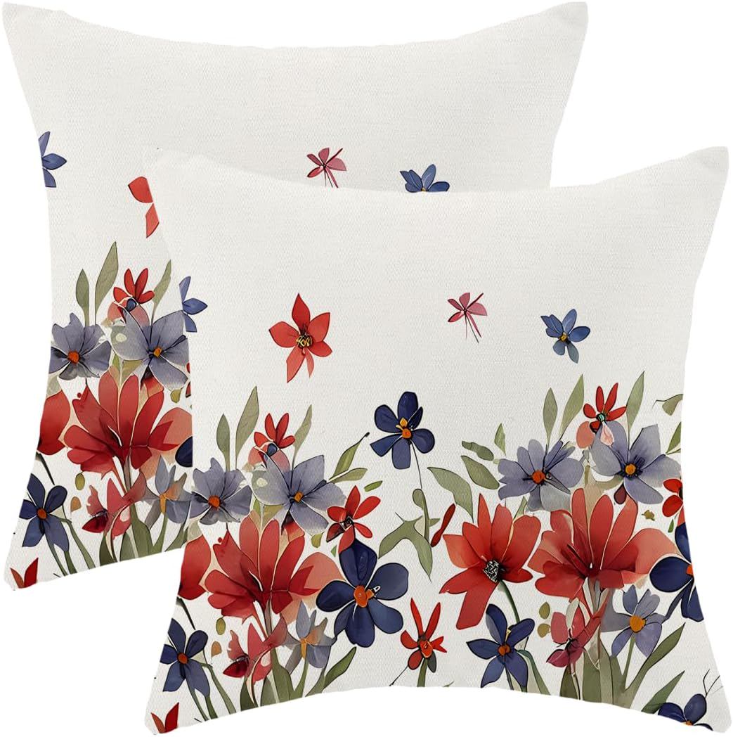 4th of July Pillow Covers 18 x 18 Inch Set of 2 Patriotic Red Blue Floral Throw Pillows Memorial Day Independence Day Outdoor Decorative Pillowcase Linen Cushion Cases for Bed Sofa Couch