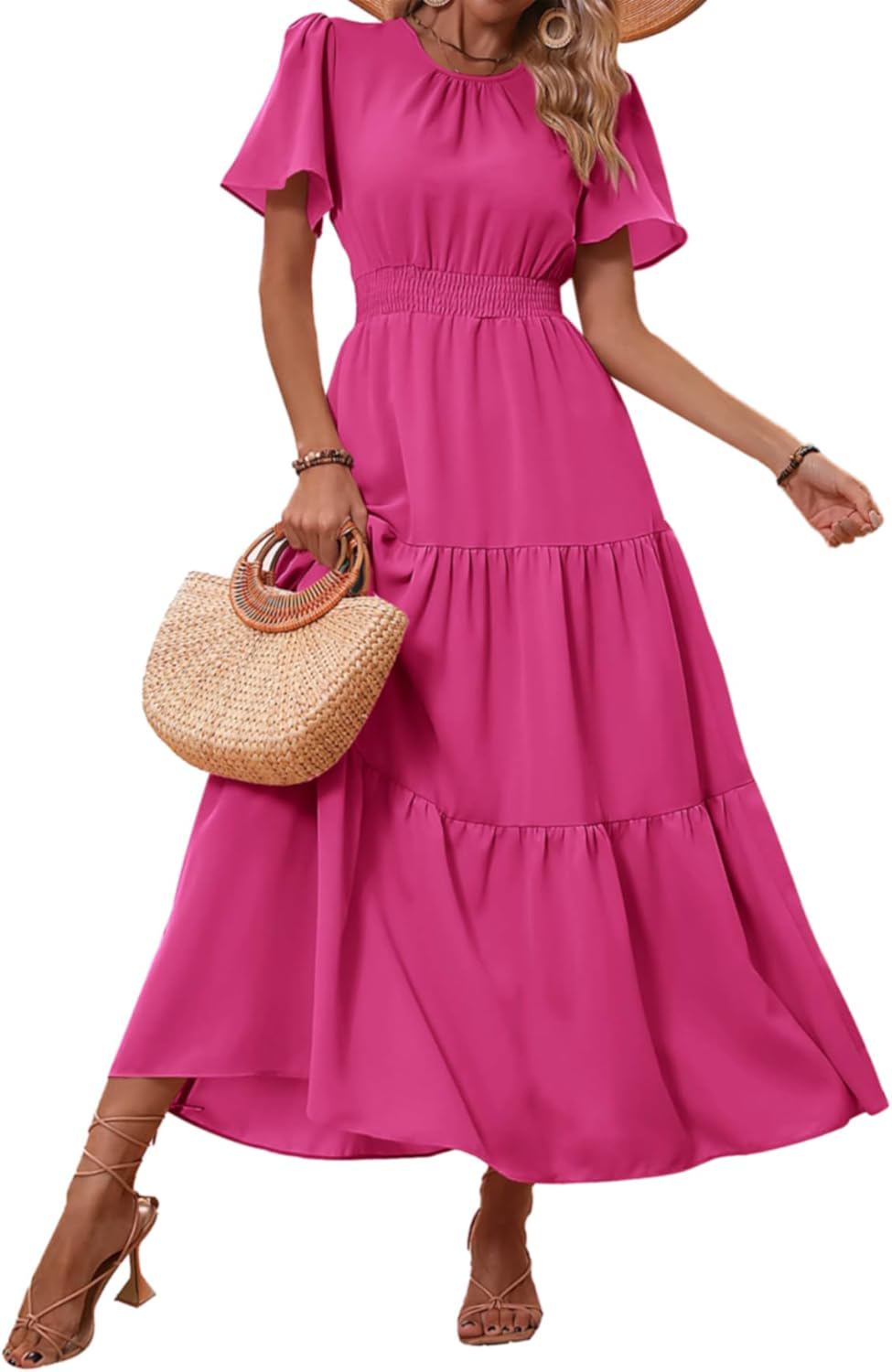 PRETTYGARDEN Women's Summer Casual Short Flutter Sleeve Round Neck Smocked Waist Tiered Boho Floral Flowy Maxi Dress - (color: Solid Rose Red, size: XX-Large)