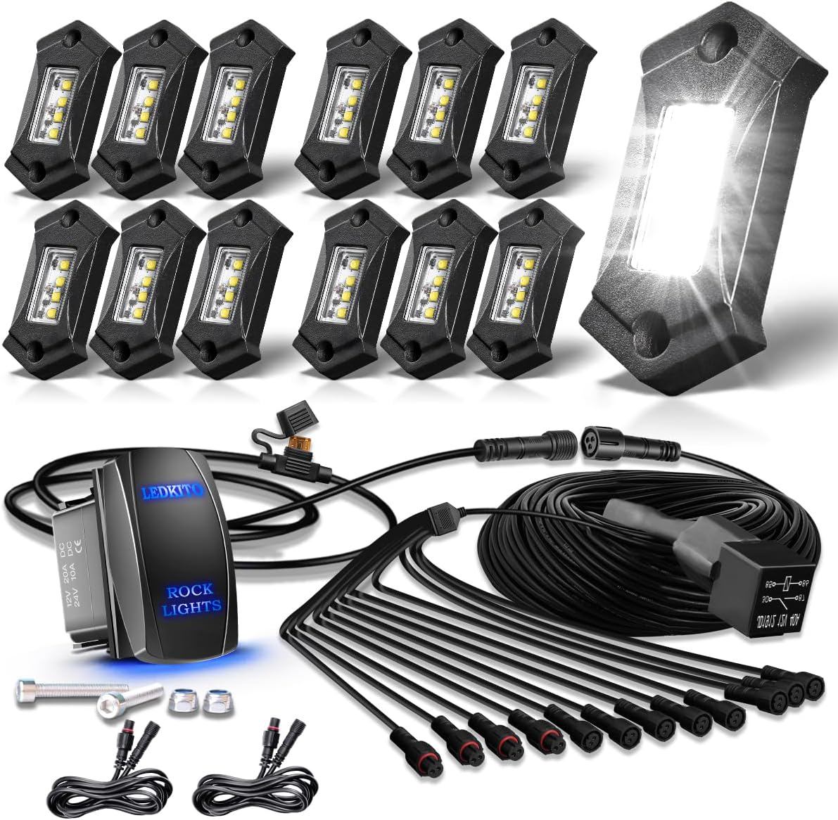 R3 White LED Rock Lights Kits with Rocker Switch Wire Harness 12PCS Super Bright Pure White Under Glow Trail TRAI Rig Lights High Power for Trucks Off Road RZR SUV ATV UTV
