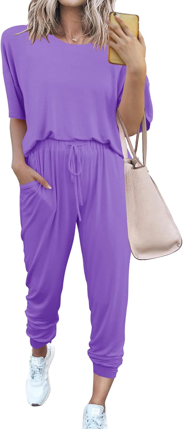 PRETTYGARDEN Women's Two Piece Lounge Sets 2025 Spring Summer Jogger Pants Vacation Outfits Travel Airplane Matching Clothes - (color: Light Purple, size: XX-Large)