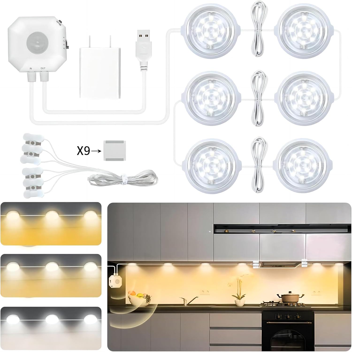 Under Cabinet Lights, LED Indoor Counter Lights Kit Dimmable Motion Sensor Cabinet Lighting Plug in USB Led Closet Light Kitchen Night Lighting Suitable for Drawers, Wardrobes, Stairs