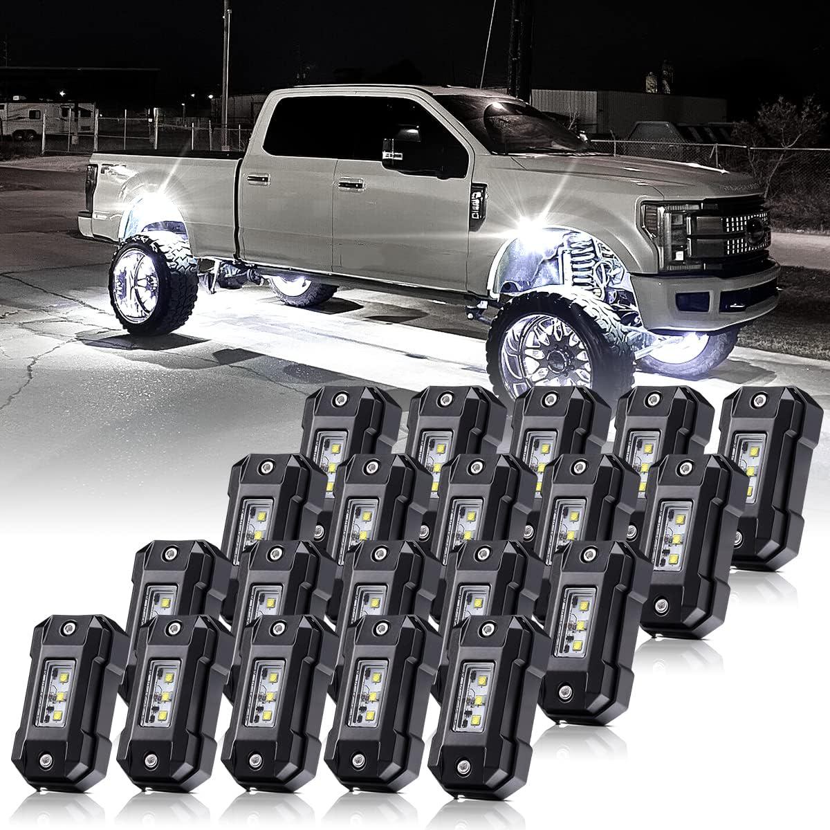 R4 LED White Rock Lights 20Pods Die-Cast Aluminum Super Bright 6000K Underglow for Truck SUV UTV ATV RZR Offroad Car Boat Rock Lights White High Power Underbody Glow Neon Trail Rig Lamps