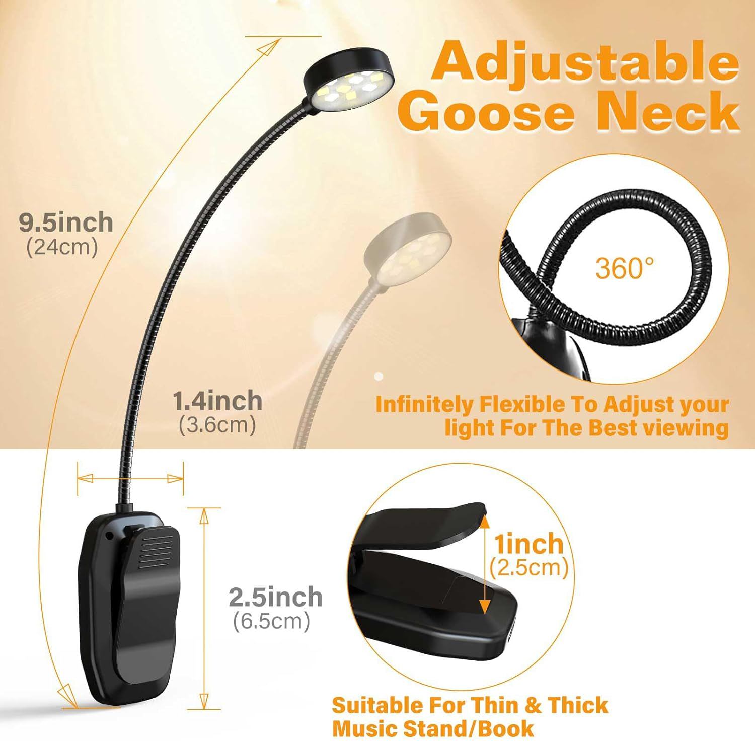 Rechargeable Book Reading Light - Adjustable Brightness, 3 Color Temperatures, 30+ Hours Runtime - Eye Care 10 LED Lamp for Reading for Bed