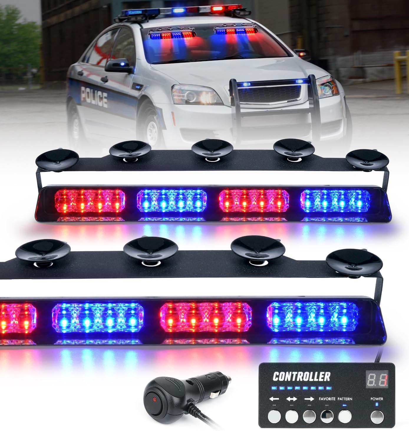 LUMENIX LED Emergency Dash Strobe Lights Bar w/Controller Front Windshield Visor Deck Safety Warning Flashing Traffic Caution Hazard Light for Police Cop Patrol Vehicles Trucks - Red Blue