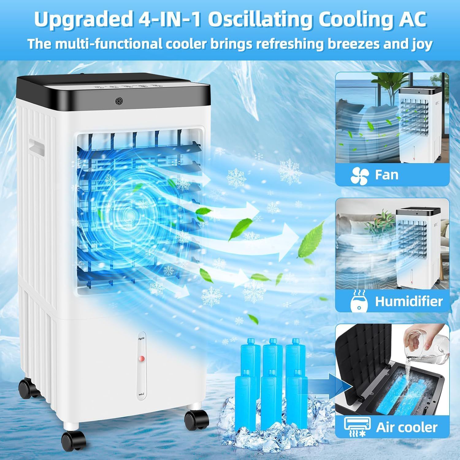 Evaporative Air Cooler, 3 IN 1 Portable Air Conditioners with Large Gal Water Tank, Swamp Coolers with Timer,3 Speeds, 80° Oscillation, Ac Unit for Room Bedroom Kitchen