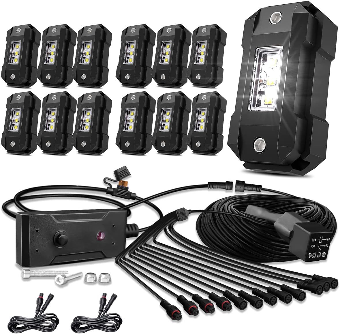 R4 LED White Rock Light Kit With Switch Wire Harness 12PCS for Trucks Off Road RZR SUV ATV UTV - Super Bright Pure White Under Glow Trail TRAI Rig Lights