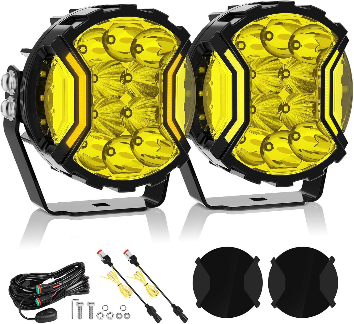 MICTUNING 5 Inch LED Light Pods, 180W 270° Side Shooter Offroad Driving Lights with Yellow DRL & Amber Turn Signal, IP68 Waterproof Spot Flood Combo Fog Lights with Cover Yellow Light Pair