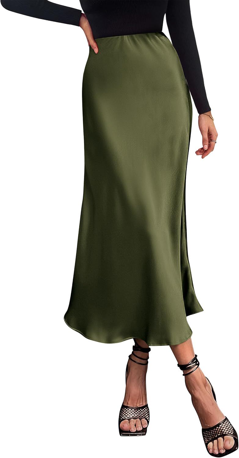 PRETTYGARDEN Women's Midi Satin Skirt Dressy Casual Summer High Waisted A Line Flowy Ruffle Elegant Party Skirts