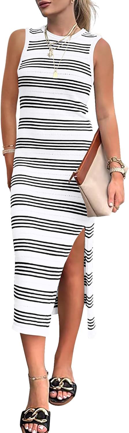 BTFBM Womens Sleeveless Summer Dresses 2025 Crew Neck Casual Sundress Hollow Out Side Slit Bodycon Knit Long Tank Dress
