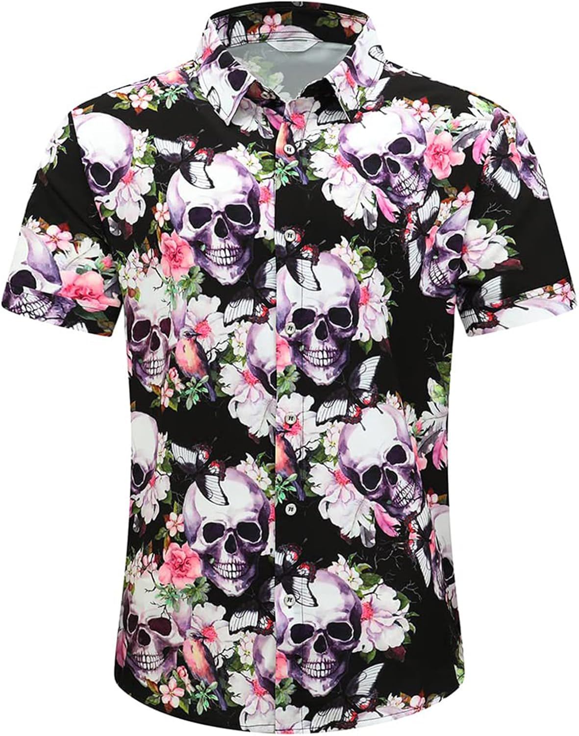 Men's Hawaiian Shirt Tops Vintage Short Sleeve Button Down Beach Shirt Male Tropical Floral Summer Pullover Party Holiday - (color: Skull Pink, size: Medium)