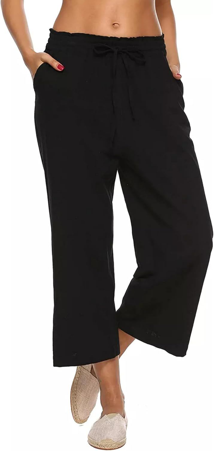 LNX Womens Linen Pants High Waisted Wide Leg Drawstring Casual Loose Trousers with Pockets - (color: Black, size: Medium)