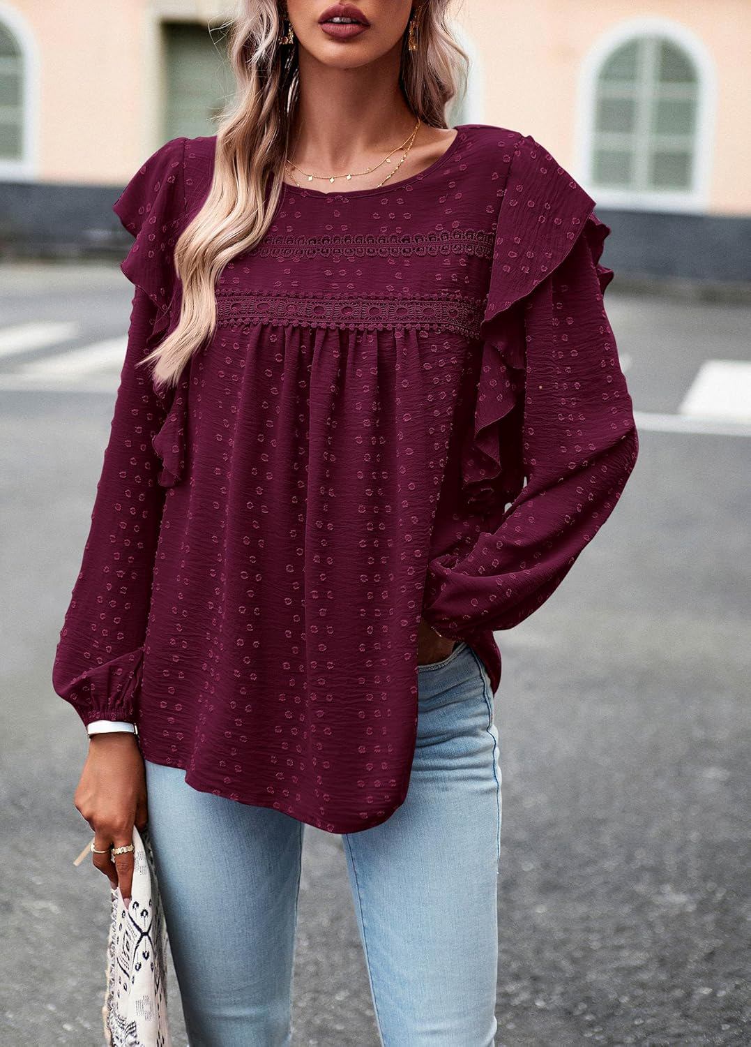 PRETTYGARDEN Women's Long Sleeve Blouses Ruffle Swiss Dot Crochet Loose Fit 2025 Spring Fall Tunic Dressy Casual Tops - (color: Wine Red, size: XX-Large)