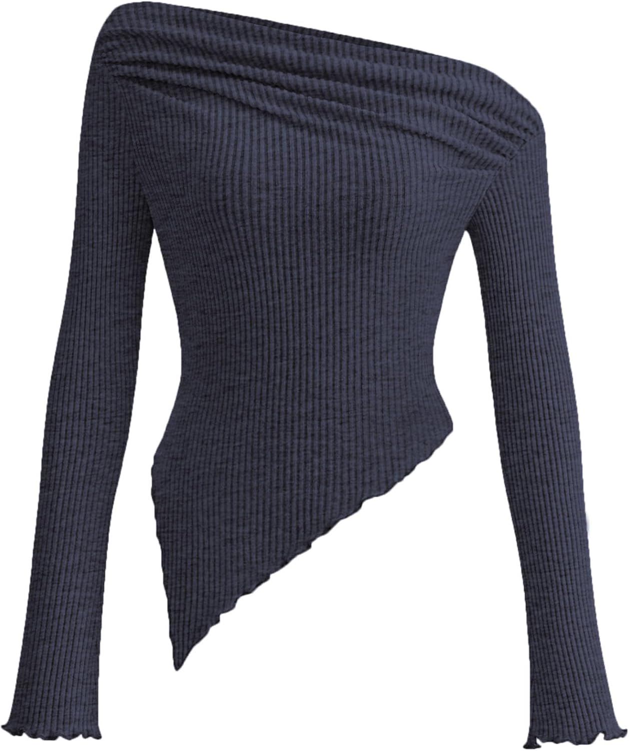 PRETTYGARDEN Women's Spring Long Sleeve Y2K Crop Top Trendy Off Shoulder Asymmetrical Fitted Knit Tee Shirts Going Out Tops