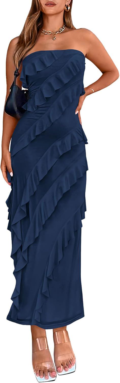 BTFBM Women Summer Elegant Strapless Midi Ruched Bodycon Dress Solid Color Stretch Mesh Slim Party Cocktail Dresses - (color: Solid Navy, size: X-Large)