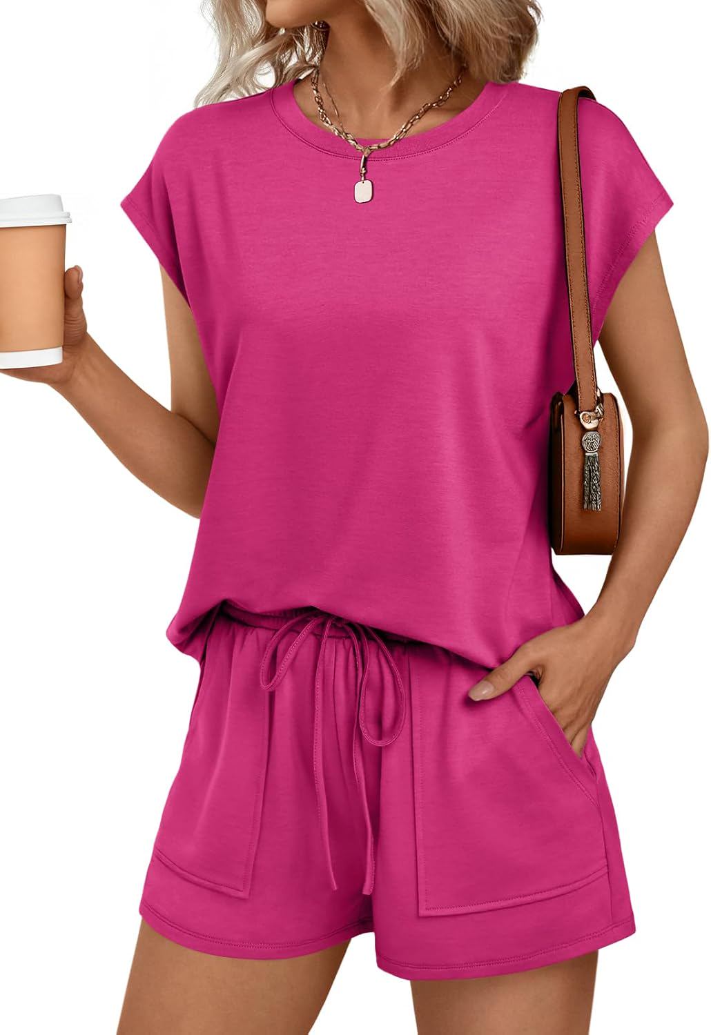 AUTOMET Womens Crew Neck Two Piece short Sets Cap Sleeve Drawstring Summer Sweatsuit with Pocket