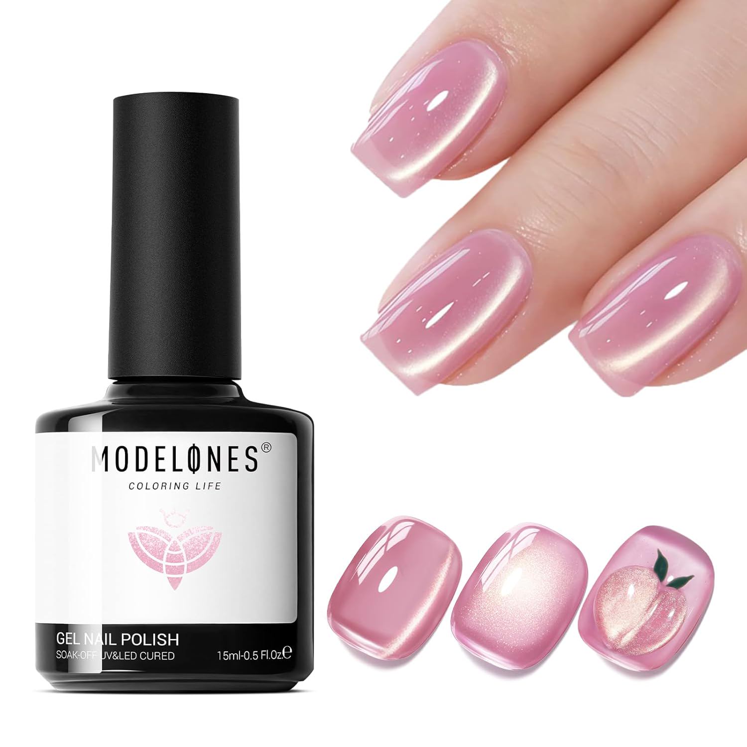 modelones Pink Cat Eye Gel Polish, 15 ML Glitter Holographic Glass Cat Eye Summer Light Rose Funny Bunny Color Shimmer Reflective Translucent U v Gel Magnetic Nail Polish for Women Girl