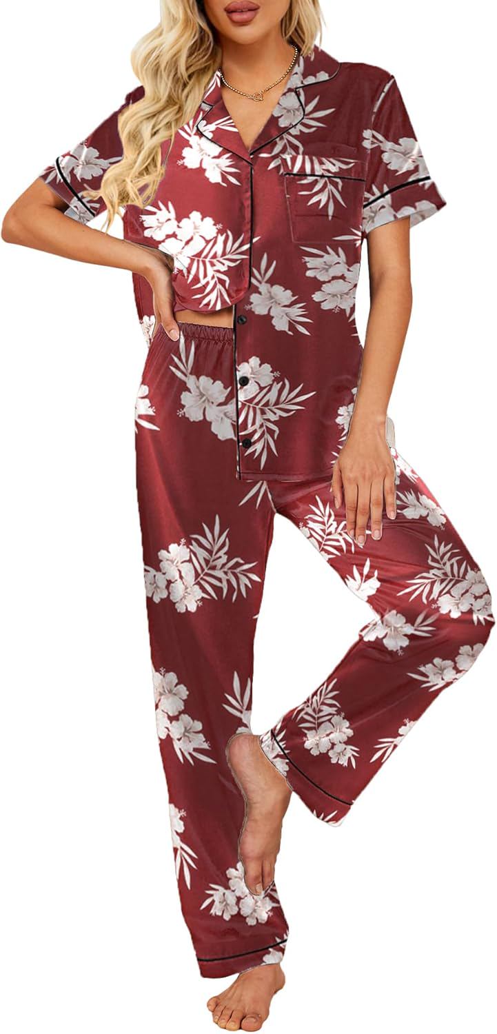 Ekouaer Silk Satin Pajamas Set Women Short Sleeve Sleepwear Soft Button Down Loungewear Pjs Set - (color: Wind Red Flower, size: XX-Large)