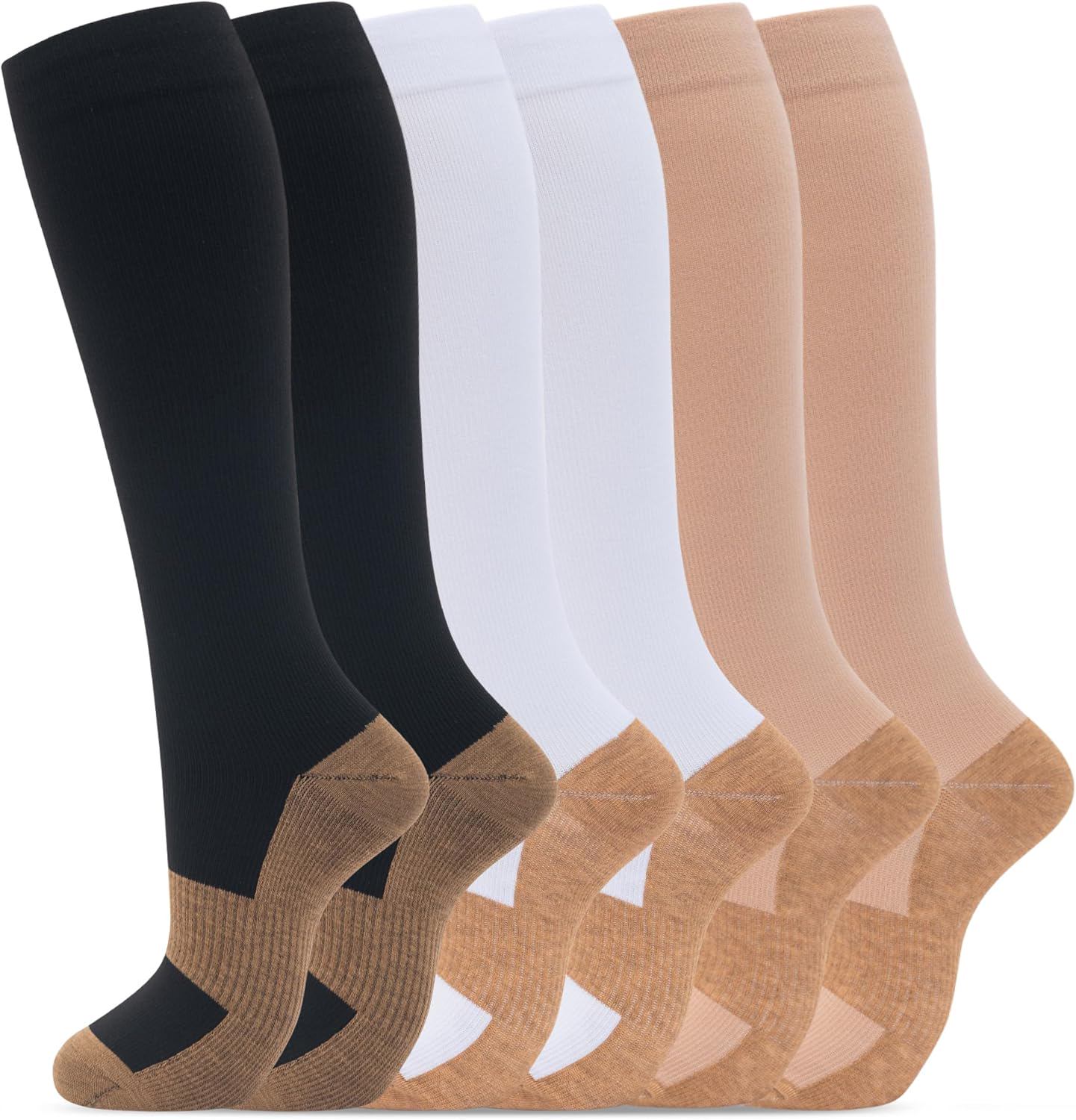 fenglaoda 6 Pairs Compression Socks for Women & Men Knee High Cute Circulation Socks for Nurse Pregnant Travel Athletic - (color: 06-6pairs-Copper Black/White/Nude, size: Large-X-Large)