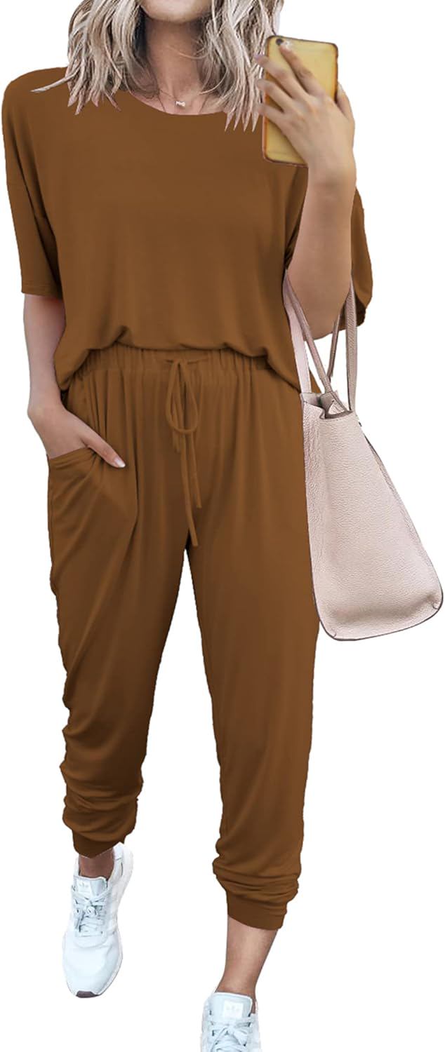 PRETTYGARDEN Women's Two Piece Lounge Sets 2025 Spring Summer Jogger Pants Vacation Outfits Travel Airplane Matching Clothes - (color: Dark Brown, size: X-Large)