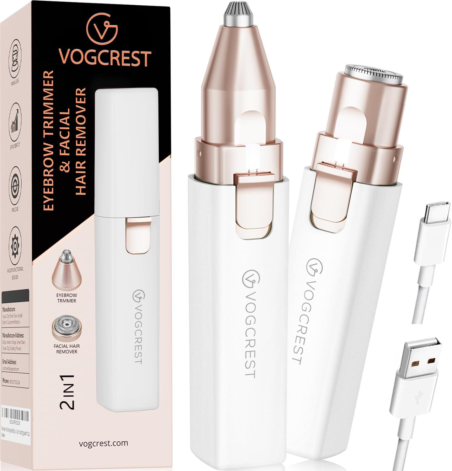 VOGCREST Hair Trimmer, 2 in 1 Facial Hair Remover & Eyebrow Trimmer for Women - Rechargeable, Portable, LED Light (White)