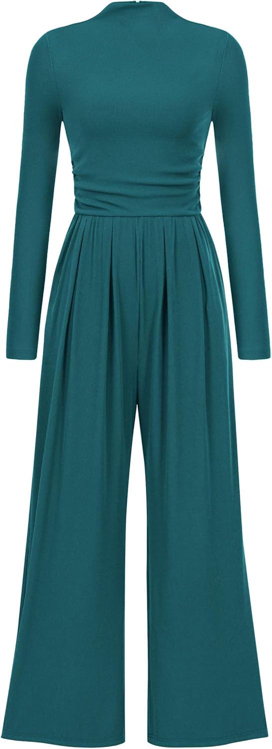 PRETTYGARDEN Womens Jumpsuit Dressy Casual Spring Fall Fashion One Piece Outfits Long Sleeve Mock Neck Wide Leg Pants Rompers