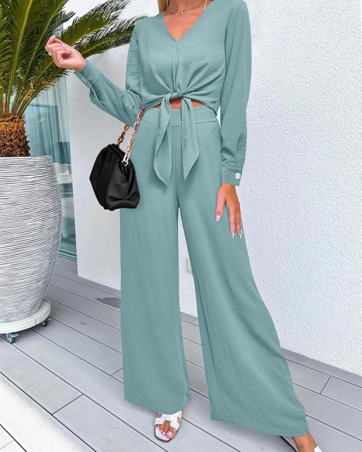 PRETTYGARDEN Women's 2 Piece Outfits 2025 Fall Fashion V Neck Long Sleeve Strappy Crop Top Wide Leg Pant Lounge Sets
