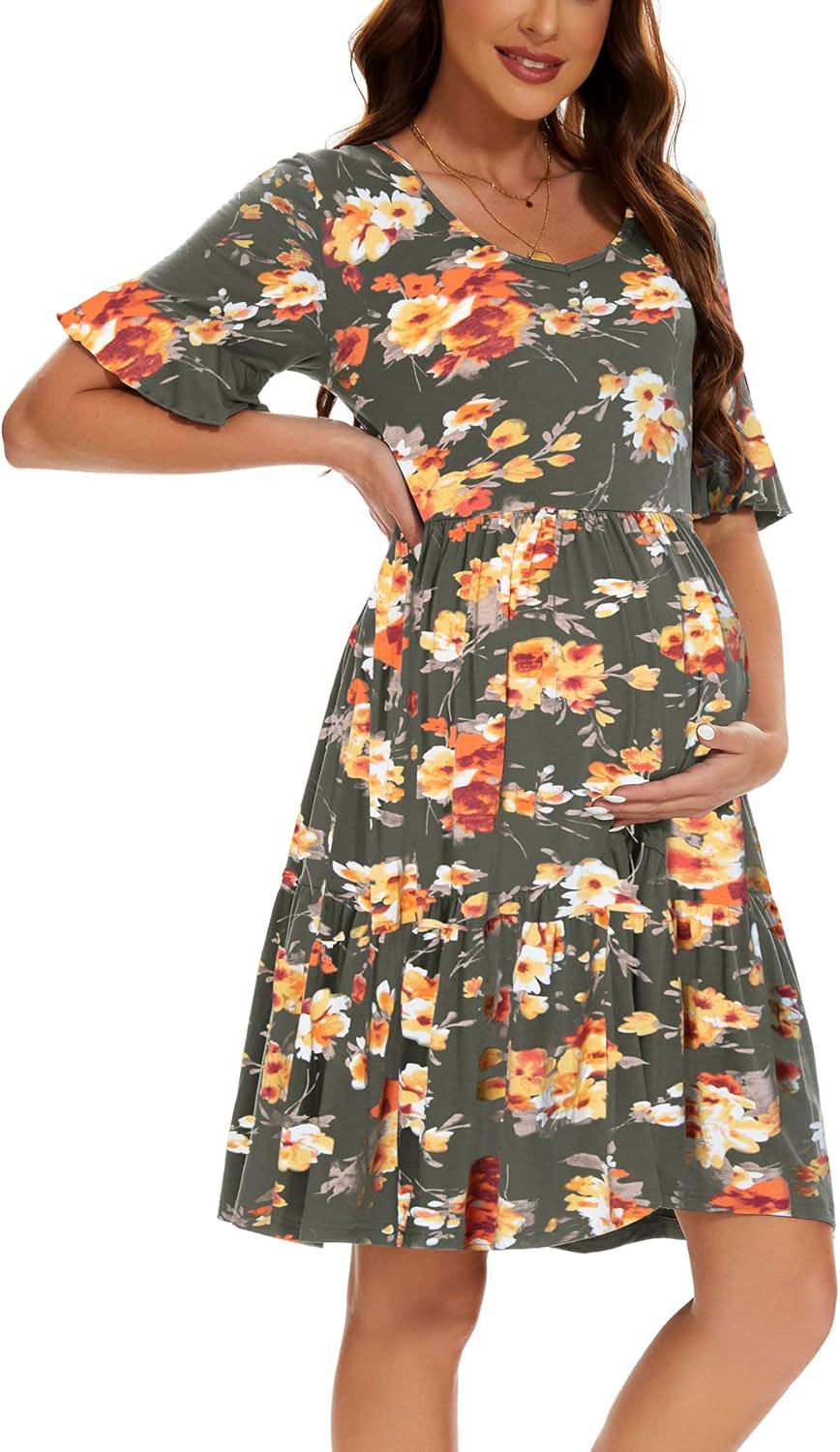 Smallshow Women's Maternity Dress Ruffle Short Sleeve Pregnancy Clothes Summer