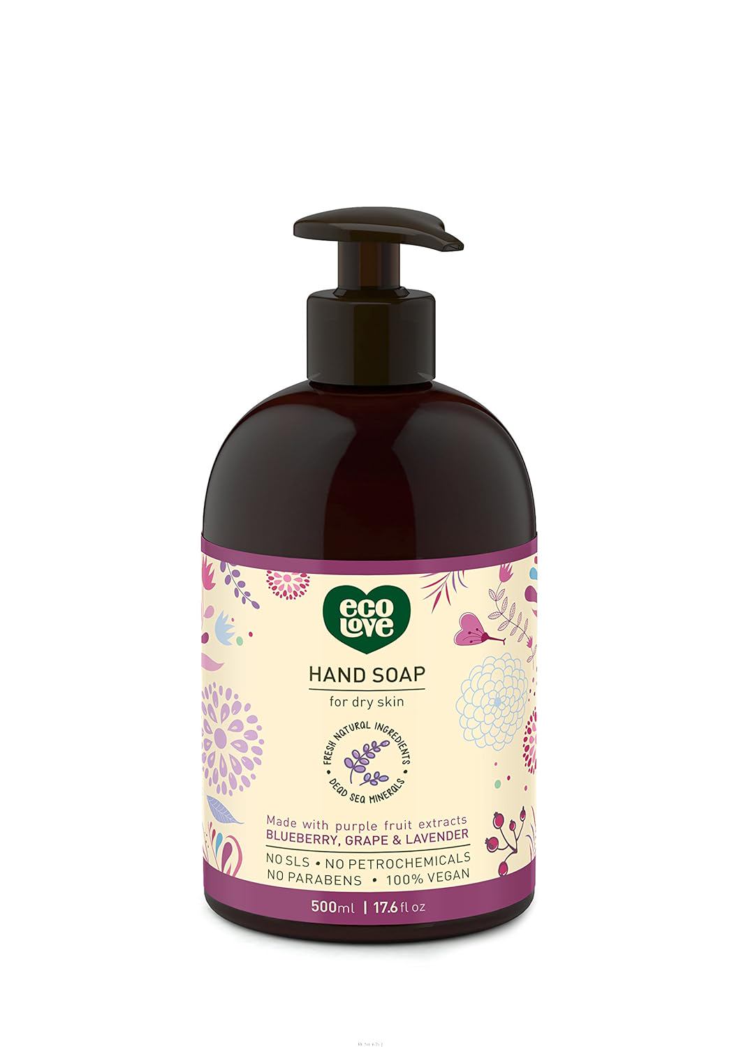 ecoLove - Natural Liquid Hand Soap - Organic Blueberry, Grape & Lavender - No SLS or Parabens - Vegan and Cruelty-Free Hand Soap, 17.6 oz
