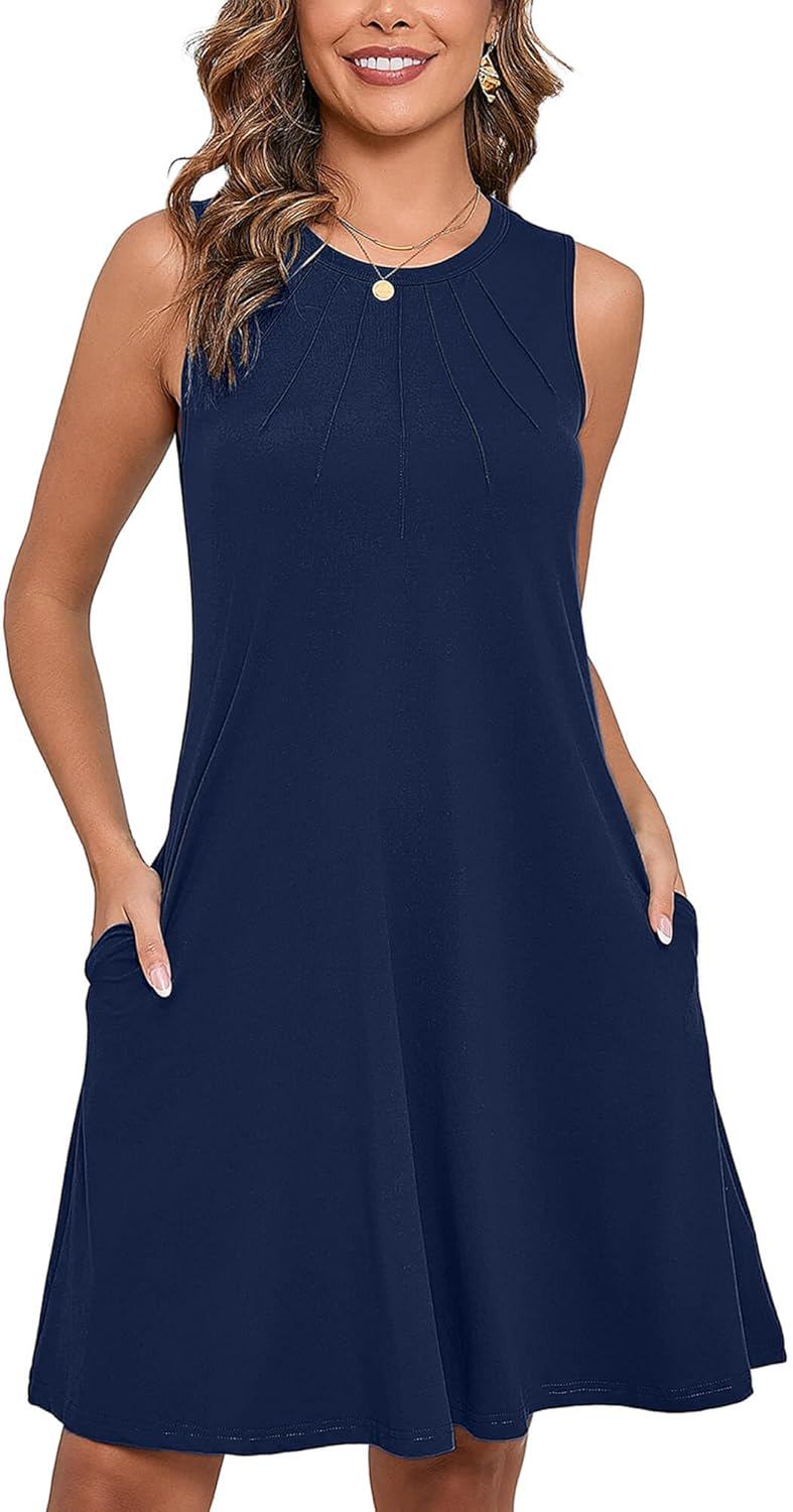 Heymoments Women's Summer Sleeveless Crew Neck Midi Dresses Casual Loose Fitted Tank Sundress with Pockets - (color: A05-navy Blue, size: XX-Large)
