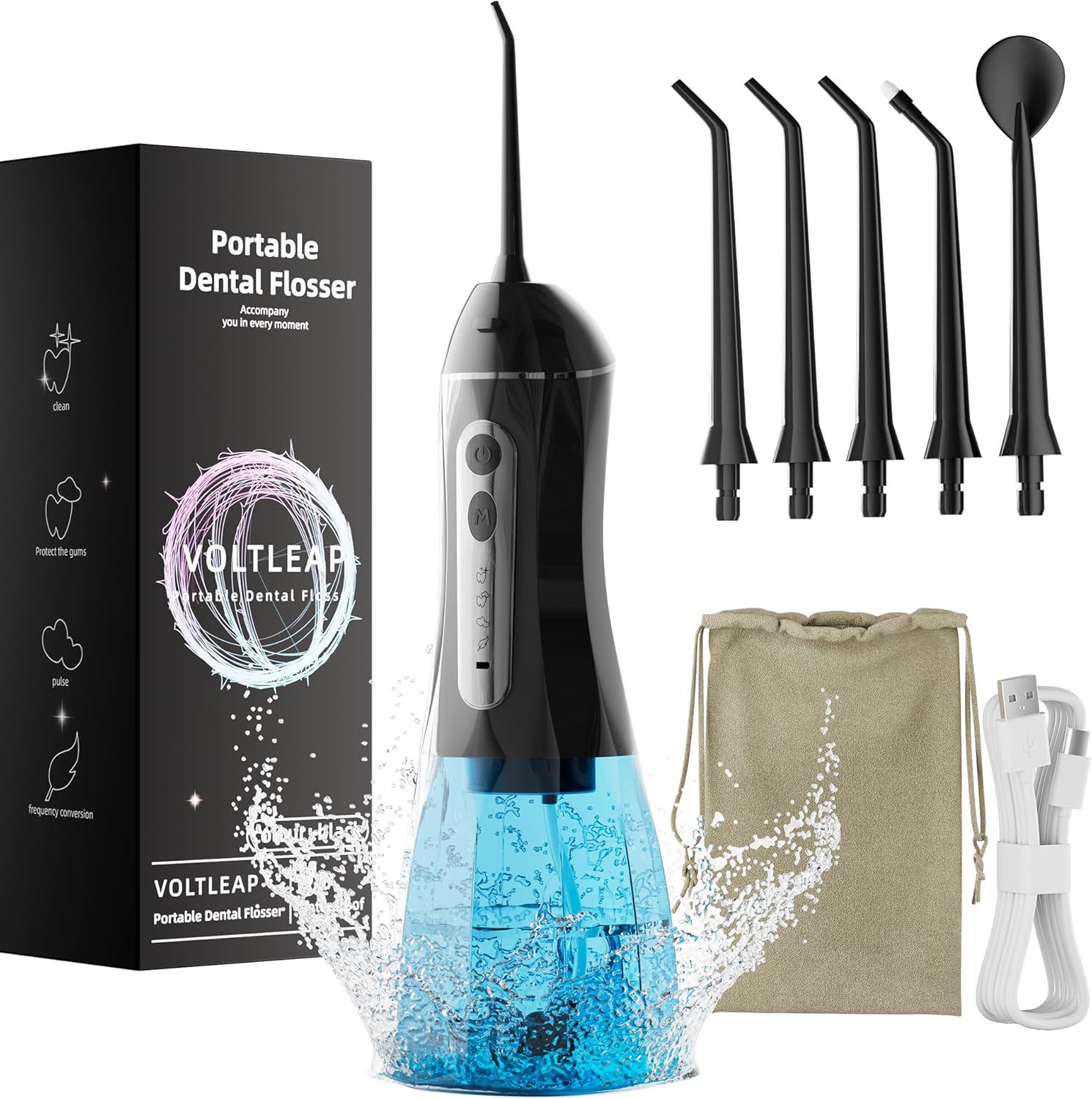 Water Flossers for Teeth, Electric Floss for Adults, Water Dental Picks for Teeth Cleaning and Flossing, Portable Flossers for Travel Size, Travel Bag and 4 Tips, IPX7 Waterproof - Black