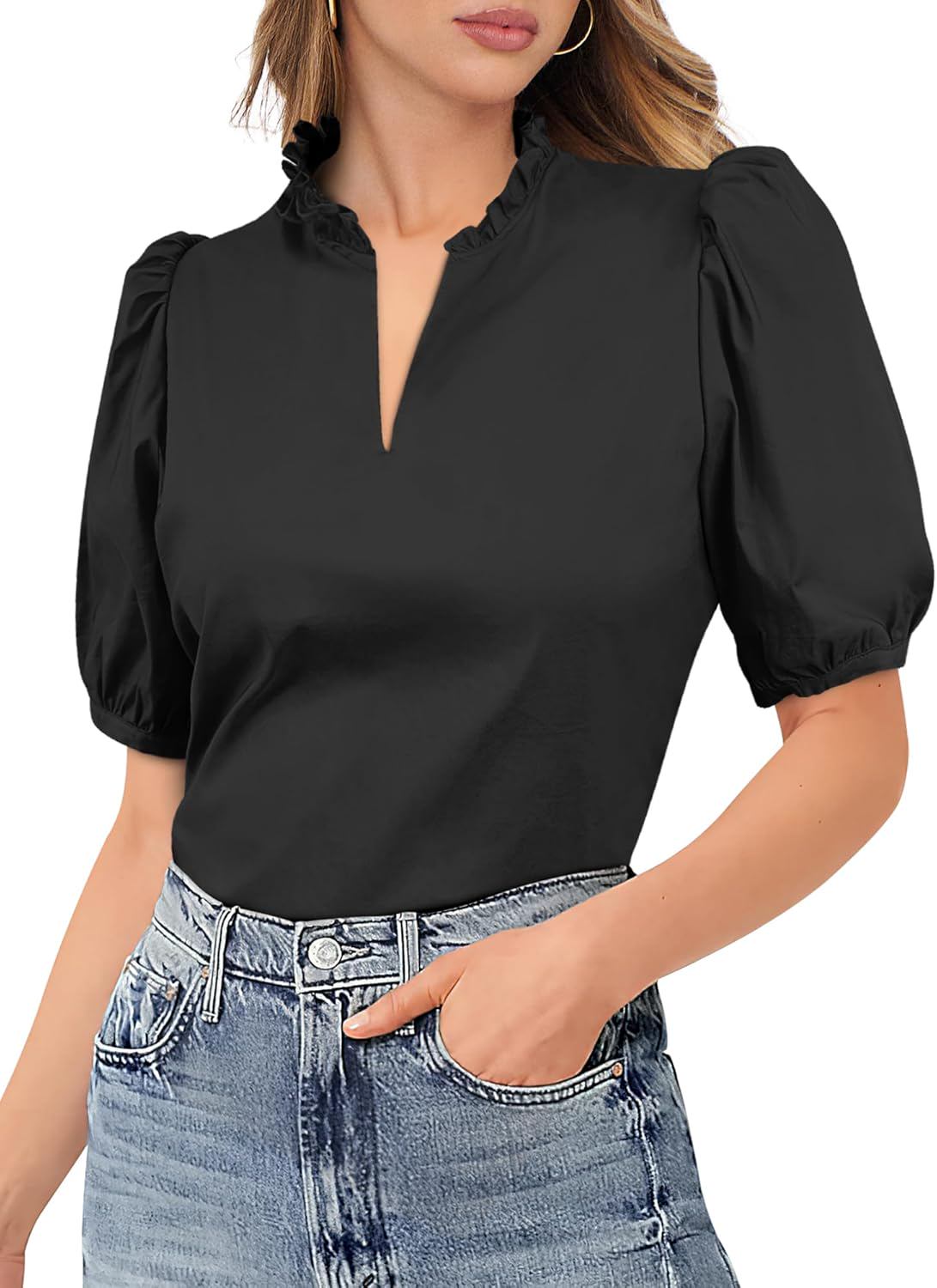 ANRABESS Puff Short Sleeve Shirts for Women Dressy Casual Tops V Neck Ruffle Blouse 2025 Summer Trendy Clothes