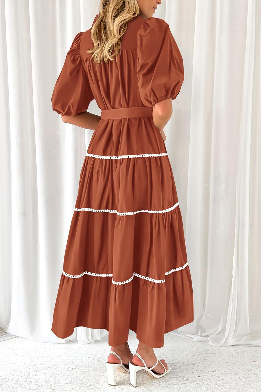 PRETTYGARDEN Women's Summer Button Down Shirt Dress Short Puffy Sleeve Tiered Ruffle Flowy Long Maxi Dresses