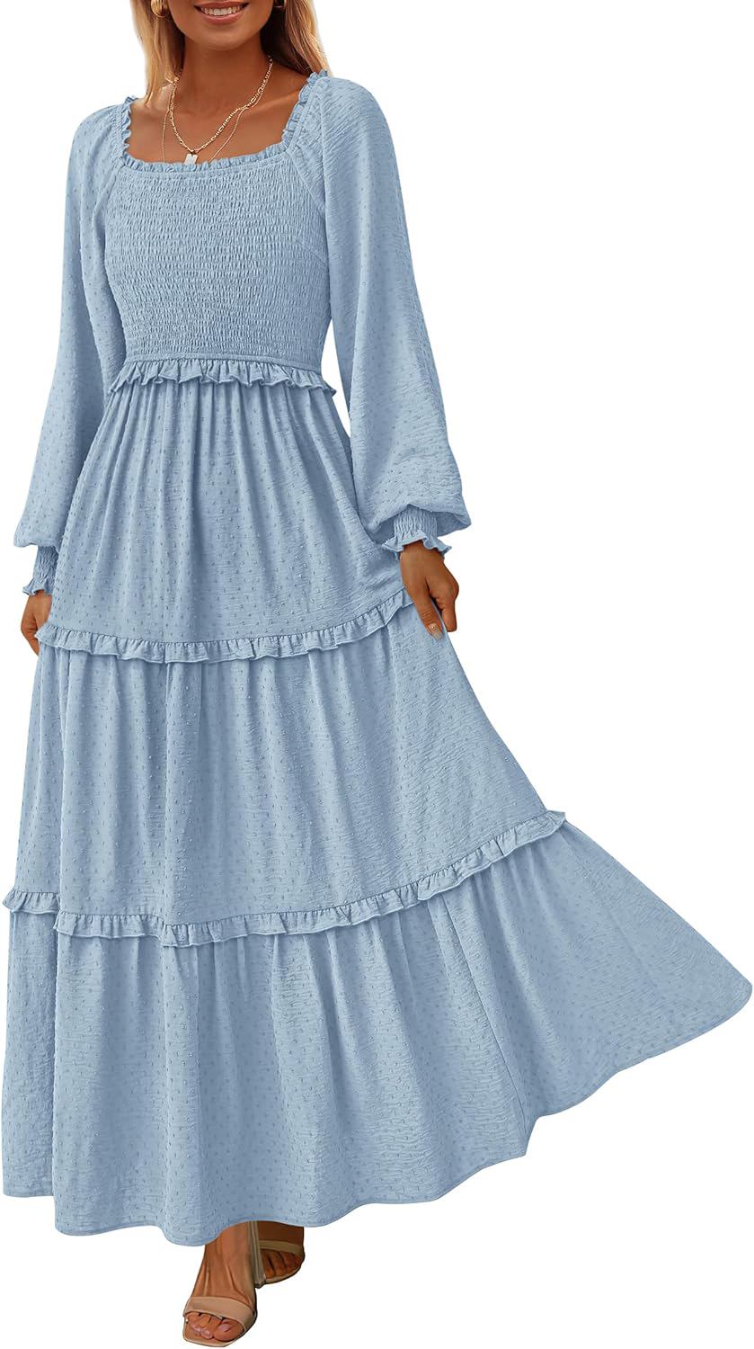 PRETTYGARDEN Women's Spring Long Sleeve Smocked Maxi Dress Casual Square Neck Swiss Dot Tiered Ruffle Flowy Pocket Dresses