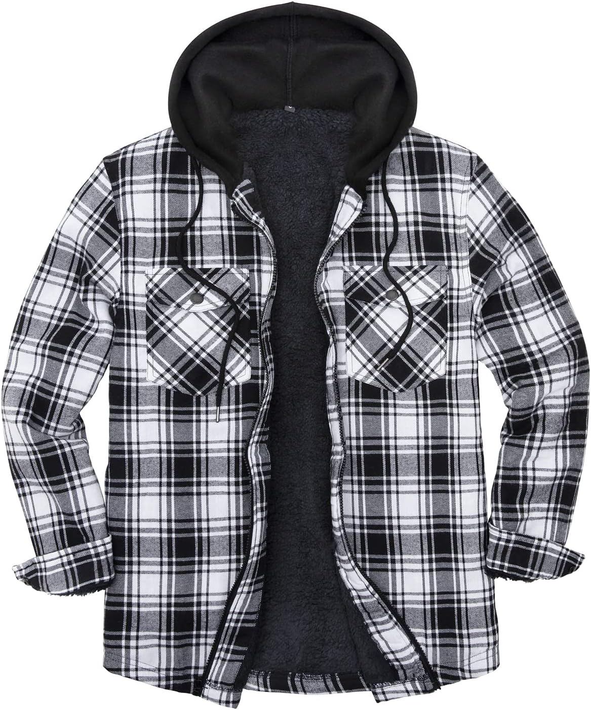 ZENTHACE Men's Sherpa Lined Full Zip Hooded Plaid Shirt Jacket