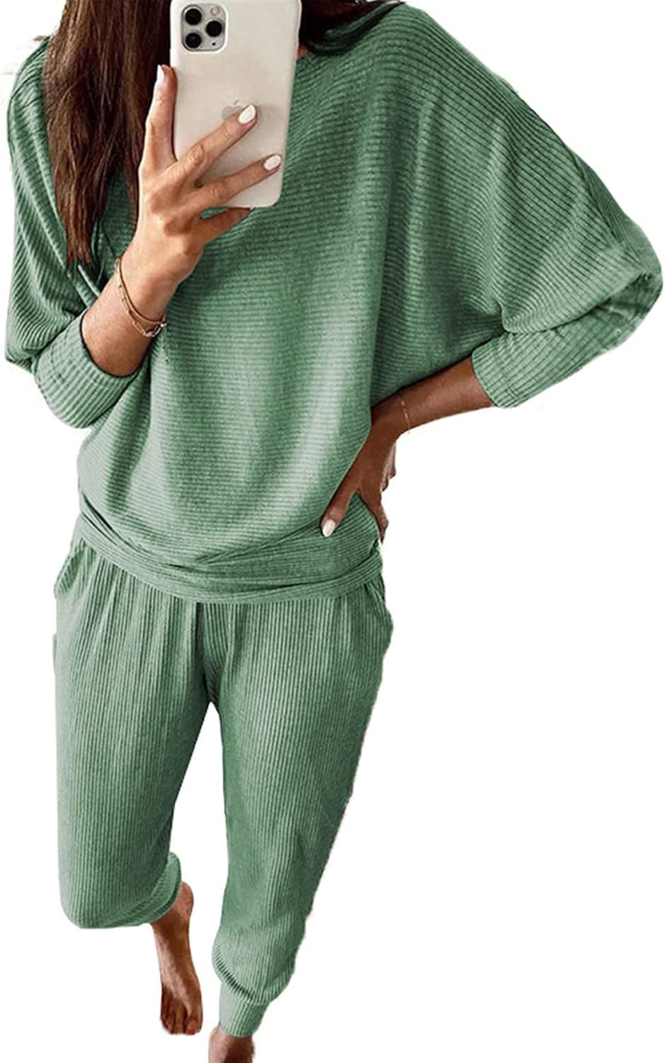 PRETTYGARDEN Women's Fall 2 Piece Outfits Fashion Sweatsuit Long Sleeve Pullover Pants Ribbed Spring Matching Lounge Set