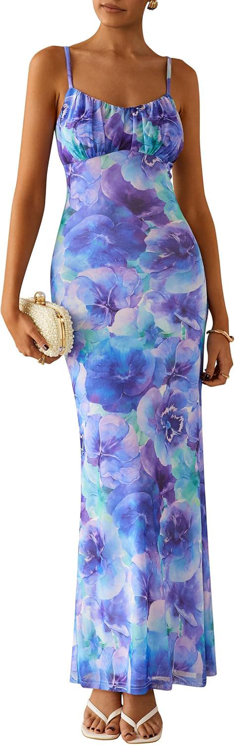 PRETTYGARDEN Women's Bodycon Maxi Dress 2025 Summer Floral Sundress Sleeveless Spaghetti Strap Cocktail Party Dress
