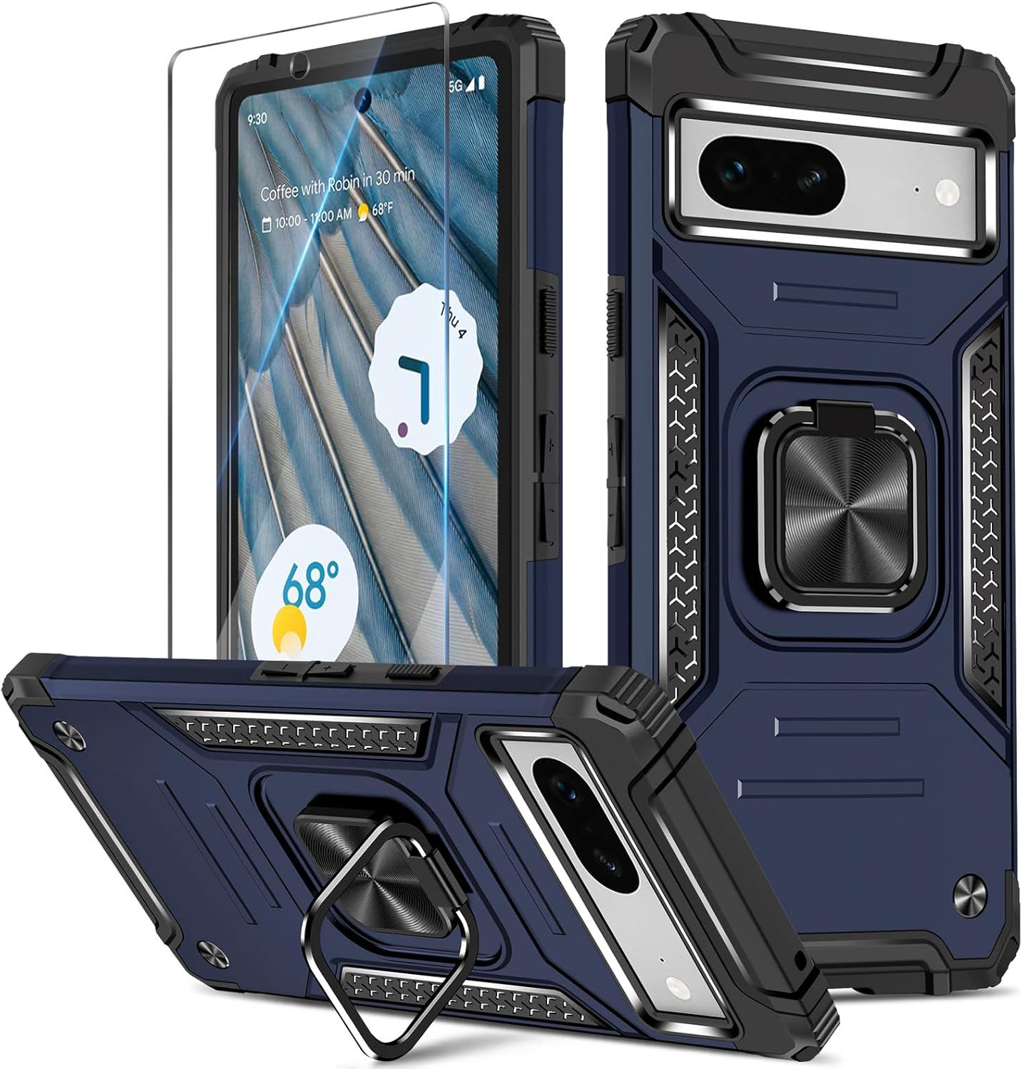 Case Compatible with Google Pixel 7A, with Screen Protector Tempered Glass, Shockproof Phone Case with Stand, Heavy Duty Personalised Case Cover Support Magnetic Car Holder, Blue