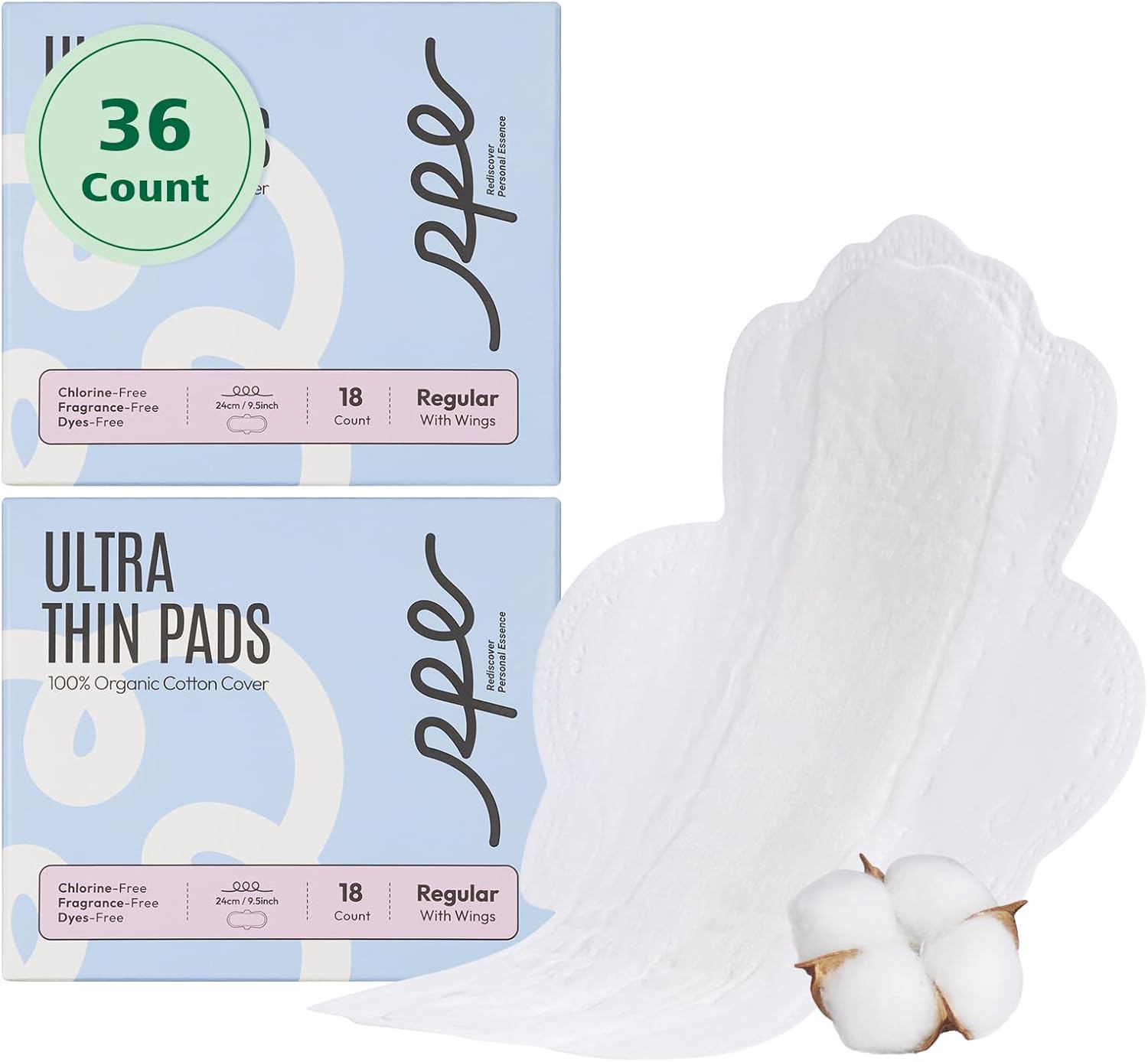 100% Organic Pads for Women, Organic Cotton Cover Pad - Regular Absorbency, Unscented, Ultra Thin Pads with Wings for Women (Regular, Size 3, 36 Count)