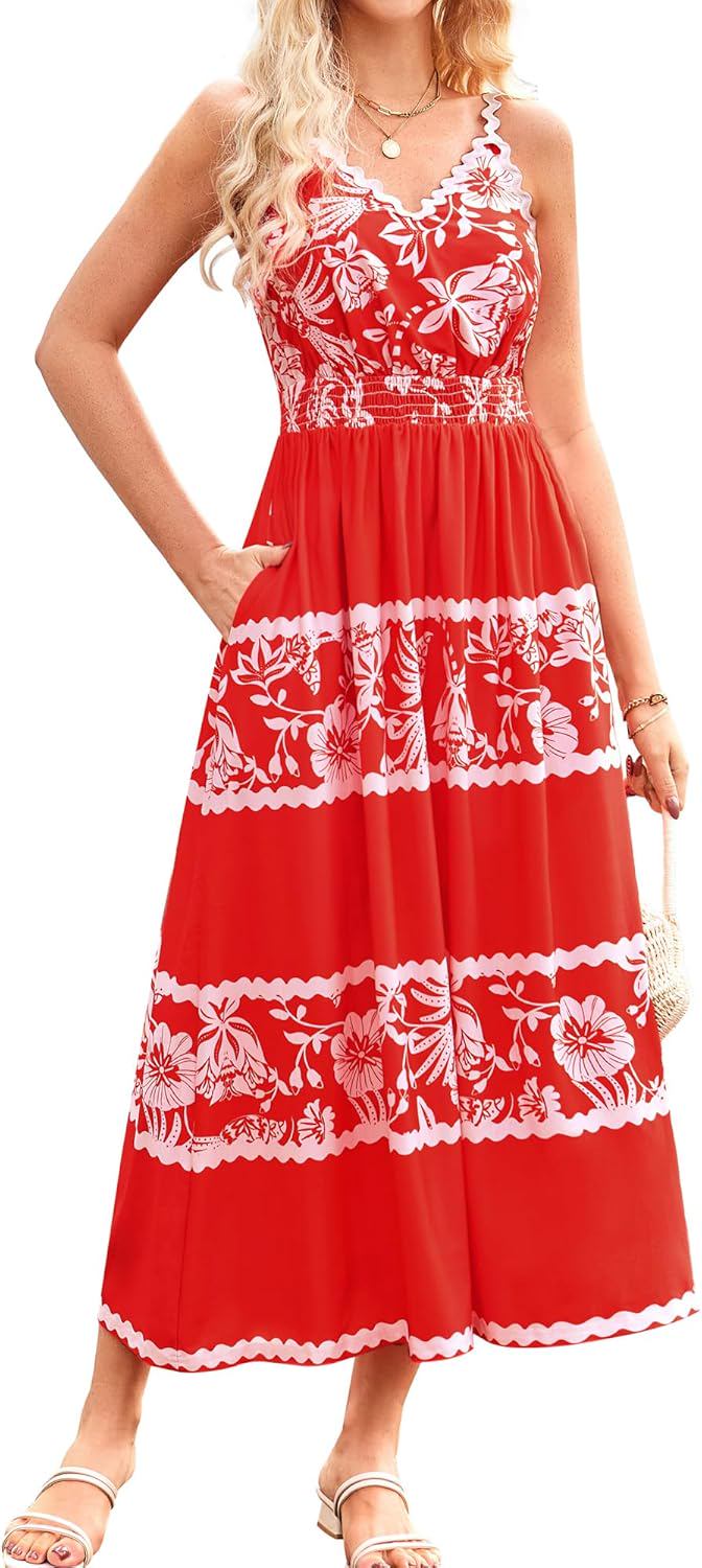 GRACE KARIN Women Summer Boho Dress 2025 Spaghetti Strap V Neck Smocked Ruffle Flowy Beach Maxi Dress with Pockets