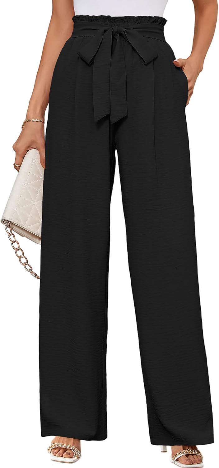 KORSIS Women's Wide Leg Lounge Pants Lightweight High Waisted Loose Work Elastic Casual Outfits Trousers with Pockets (S-2XL) - (color: Black, size: X-Large)