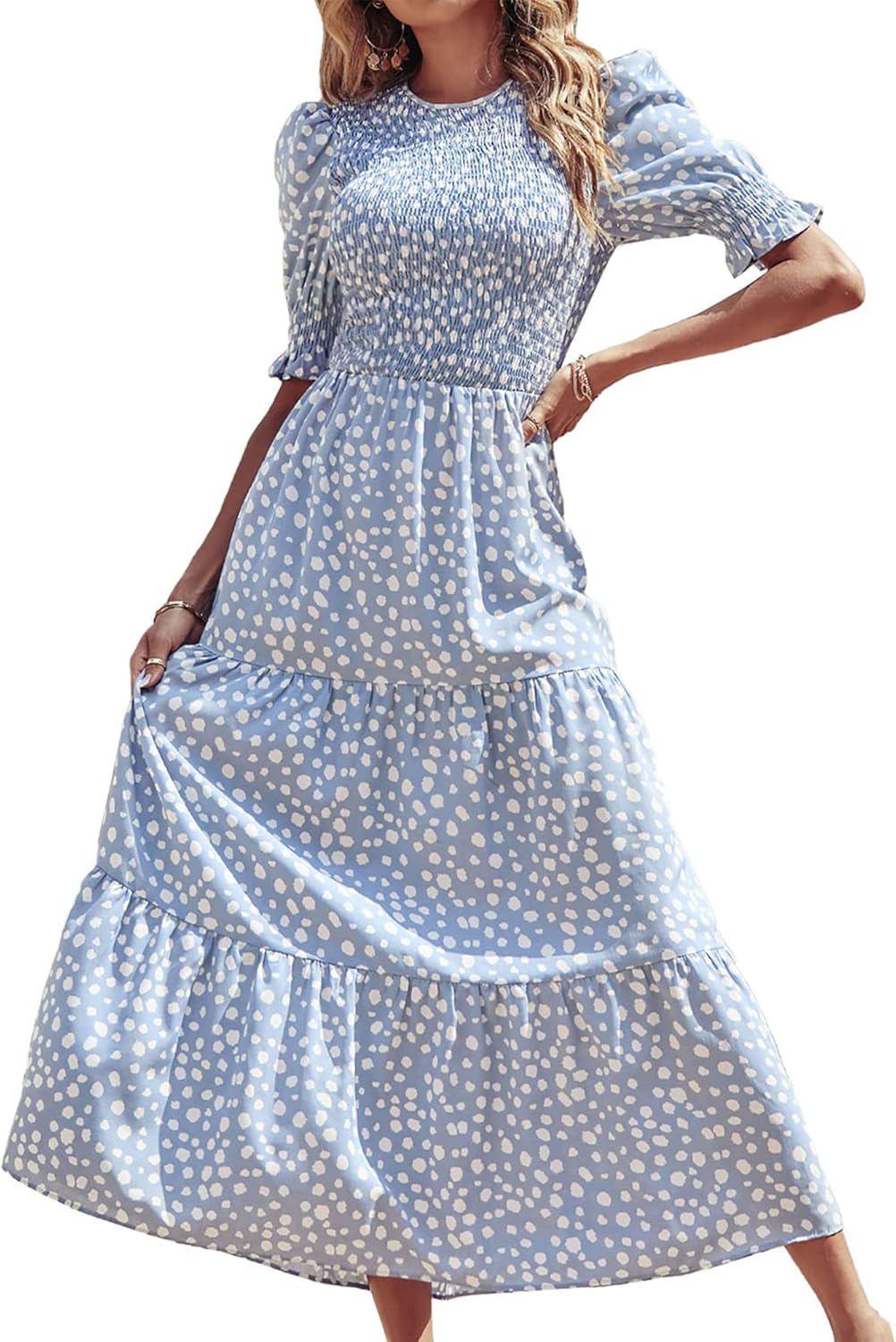 BTFBM Women Casual Summer Dresses 2025 Spring Crew Neck Ruffle Short Sleeve Floral Print Smocked Boho Flowy Maxi Dress - (color: Dot Blue White, size: Small)