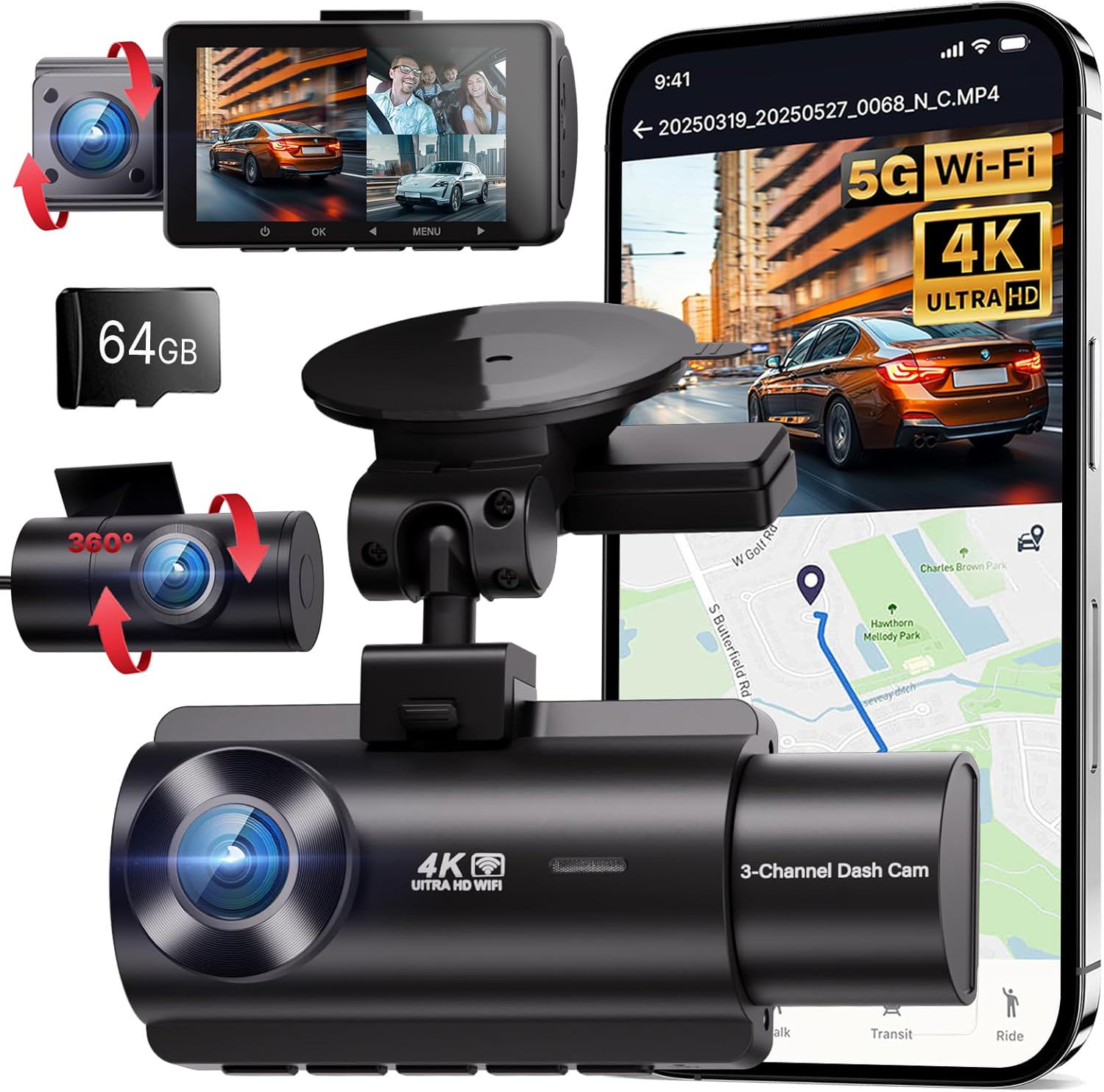 4K 5G WiFi 3 Channel Dash Cam Front and Rear Inside, 4K+1080P+1080P Dash Camera for Cars, GPS Dashcam, Car Camera with 3-Inch Screen, IR Night Vision, 24Hr Parking Mode, G-Sensor, 64GB Card