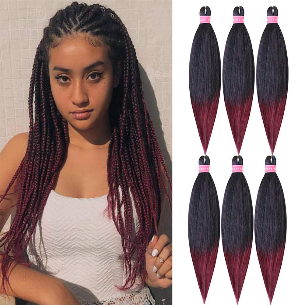 Pre Stretched Braiding Hair Extension Synthetic Soft Prestretched Braids Hair for Women (Black/Wine Red, 26 Inch)