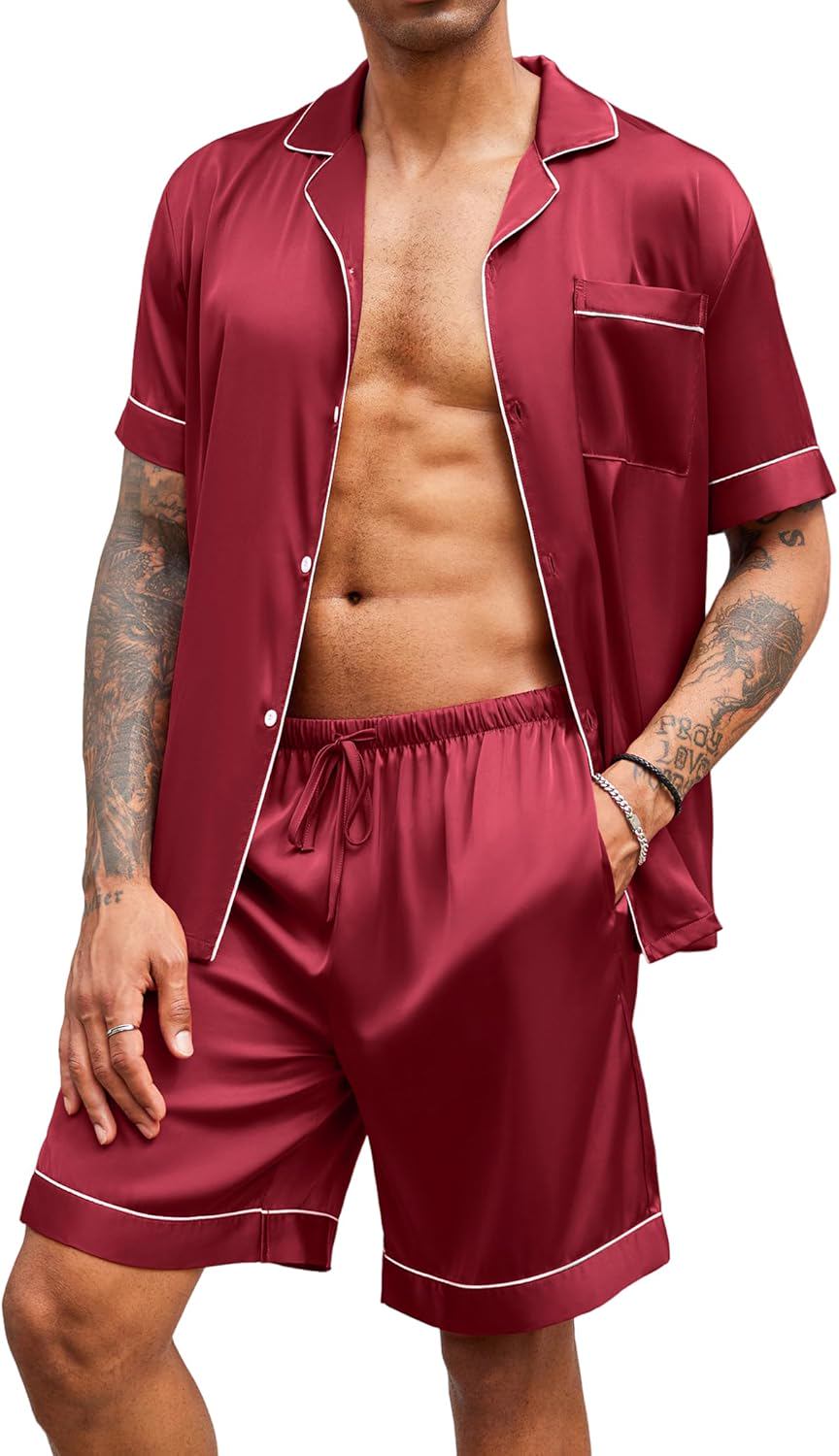 Ekouaer Mens Satin Pajamas Set Button-Down Short Sleeve Shirt Top Soft Silk Sleepwear Shorts with Pockets