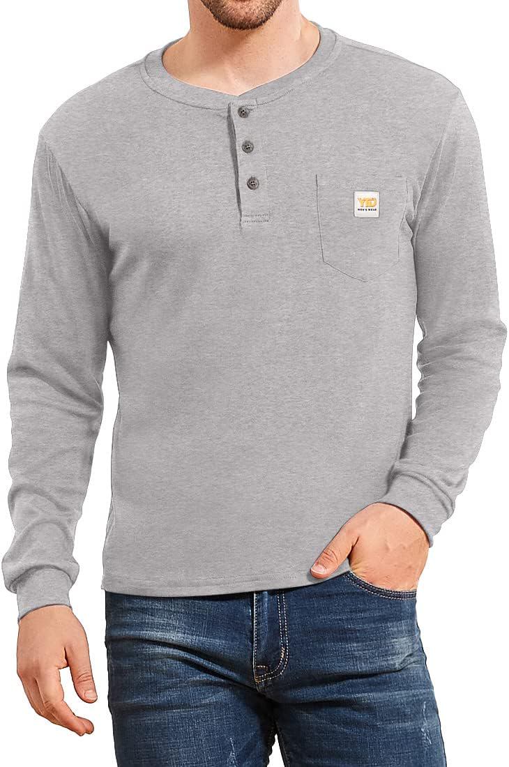 YTD Men's Loose Fit Heavyweight Long Sleeve Pocket Henley T-Shirt