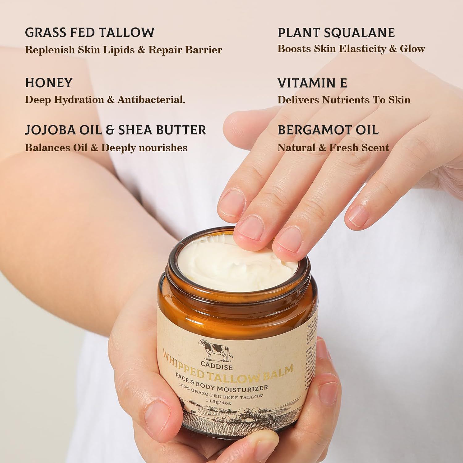 Whipped Beef Tallow for Skin – 100% Grass-Fed Handmade Cream Moisturizer for Face & Body, Natural with Honey, Shea Butter, Jojoba Oil, Non-Greasy, Nourishing for Men, Women, Kids, 4 Oz